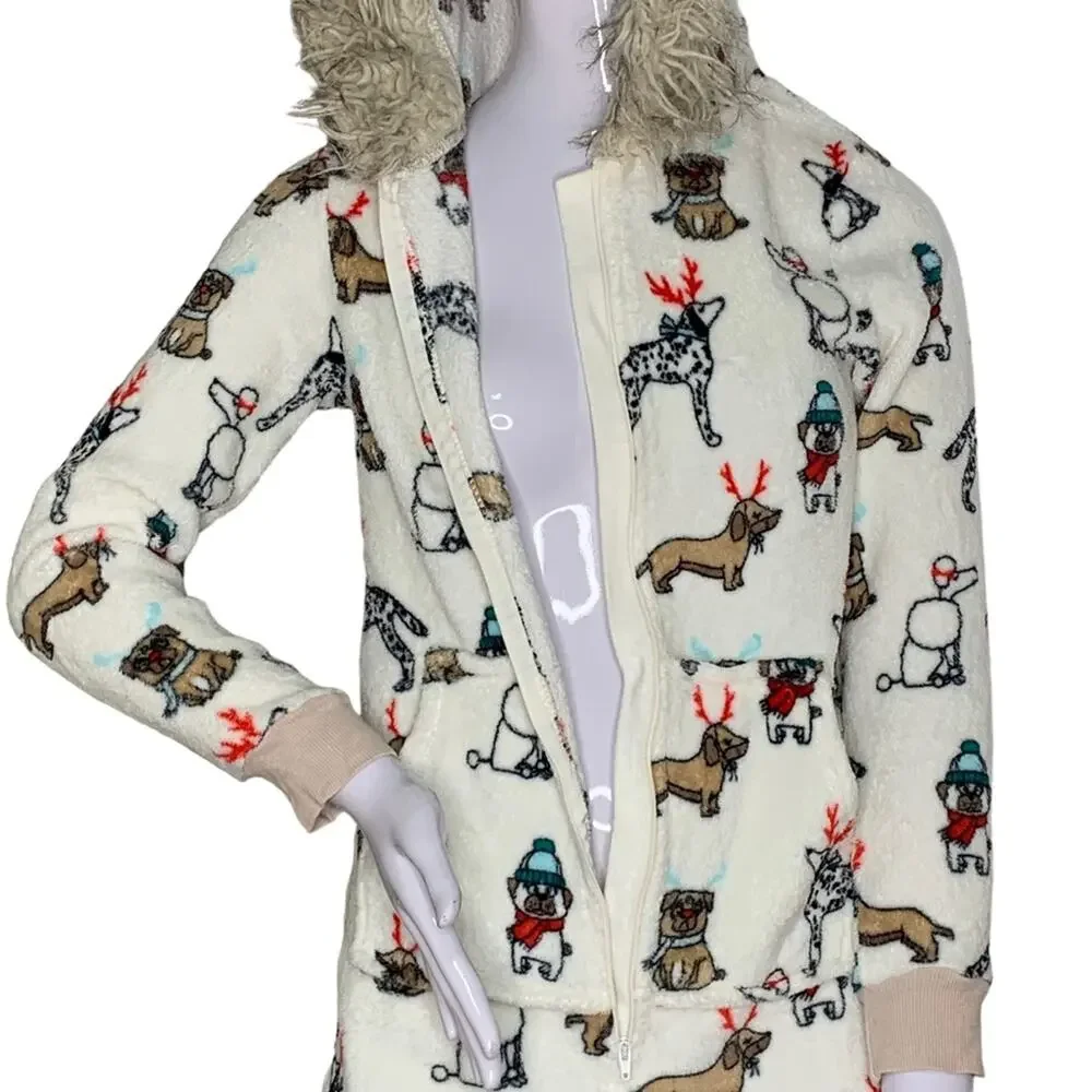 Holiday Time One Piece Hoodie Doggies Print Front Zipper Size XS